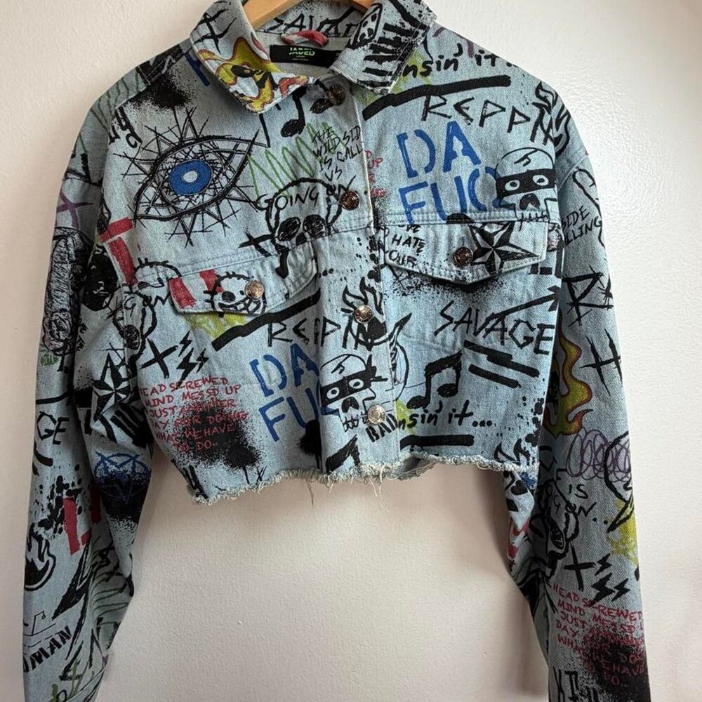 Jaded-london Graffiti Print Cropped Cotton Twill Trucker  Jacket US 6 Y2k Grunge